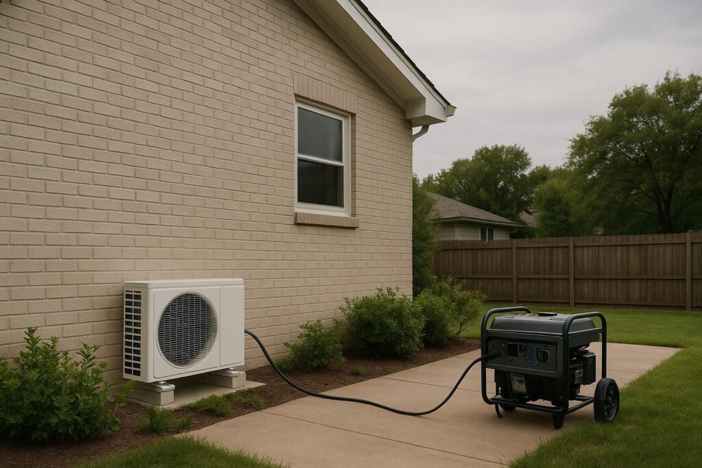 Ductless mini split air conditioner indoor unit with a portable generator in the background, illustrating backup power options for power outages.