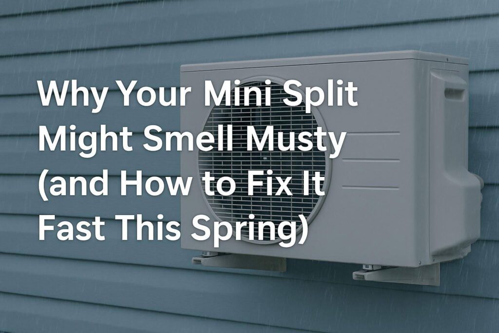 Ductless mini split indoor unit with clean filters, preventing funky smells in a bright, summery room.